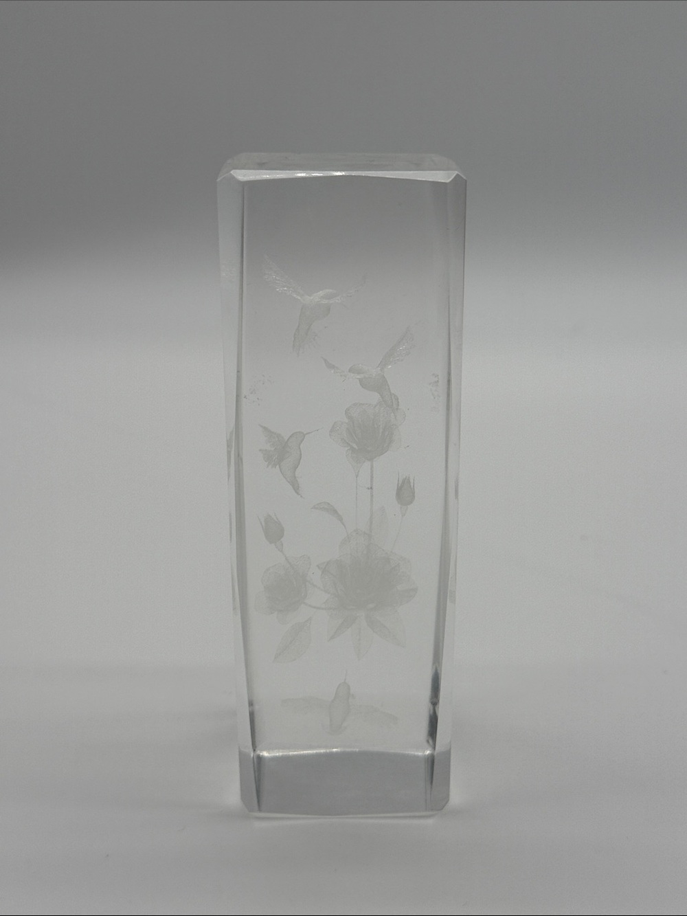 Vintage 3D Laser Etched Crystal Hummingbird & Flowers Glass Block Paperweight